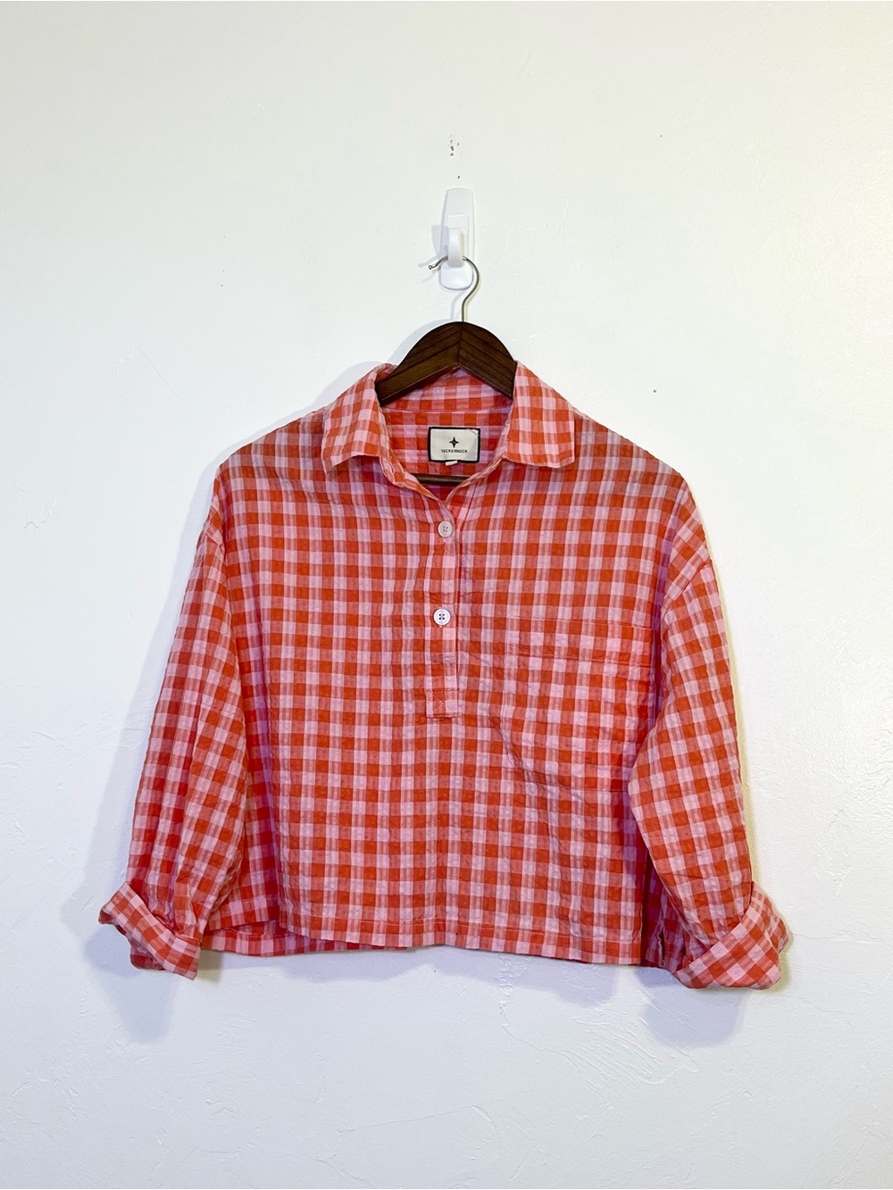 Tuckernuck Gingham Cotton Seersucker Cropped Popover Blouse Top Women's S - Picture 2 of 7